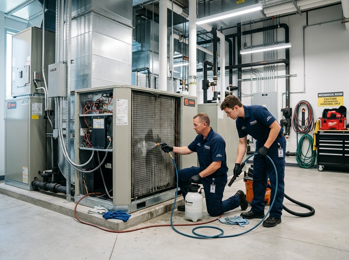 D&E Bay Services commercial maintenance team servicing HVAC equipment