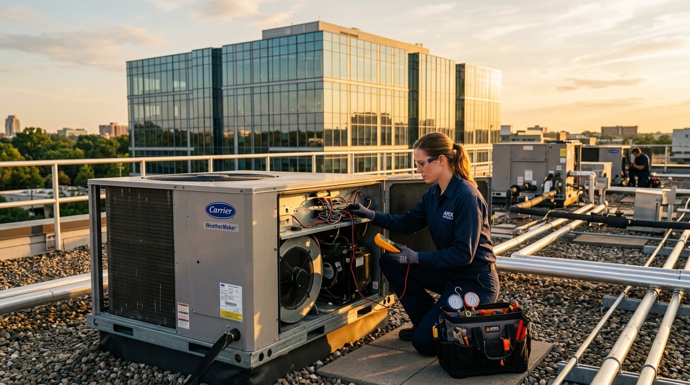 Commercial preventive maintenance professional inspecting HVAC equipment – D&E Bay Services